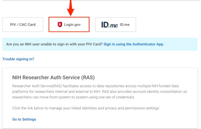 RAS Login page with Login.gov selected (Rectangle)