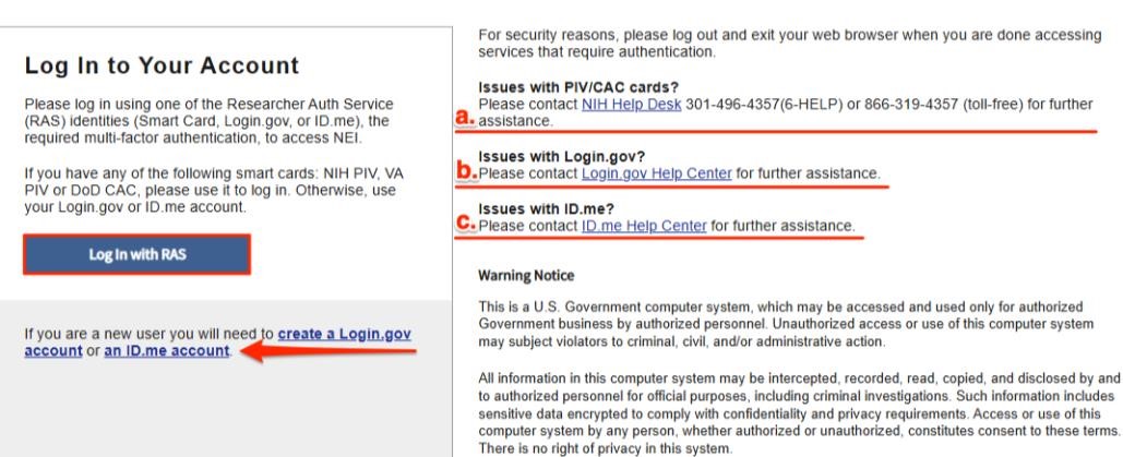 RAS login page with ID.me selected (Rectangle)
