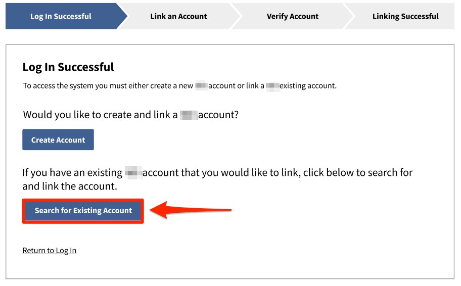Screen that shows the first time a user logs into BRICS via RAS with the Link an Account chevron page. (Rectangle)