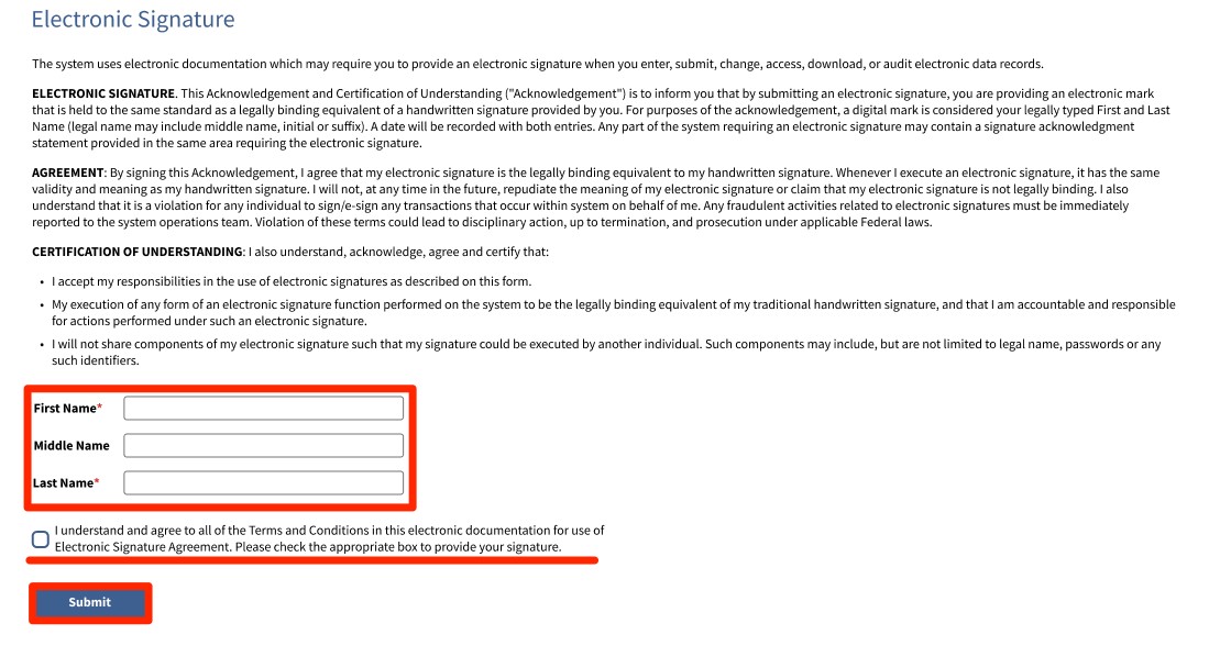 A screenshot of the electronic signature that is required to use BRICS. Has indicators of the users name they will need to fill out before accepting terms and submitting. (Rectangle)